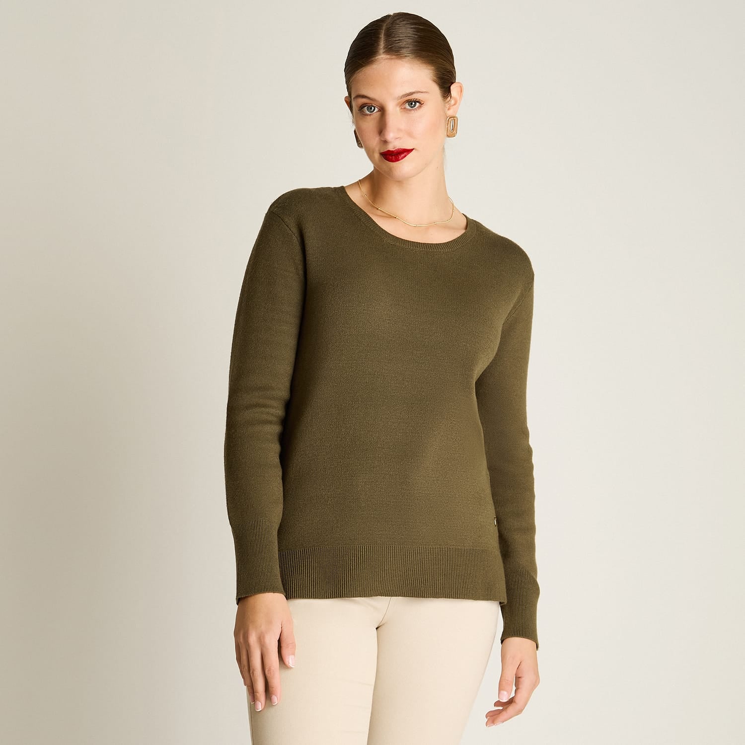 Sweater Verde Manga Larga Elasticidad Baja Sin Forro Calce Holgado Tela Tejido